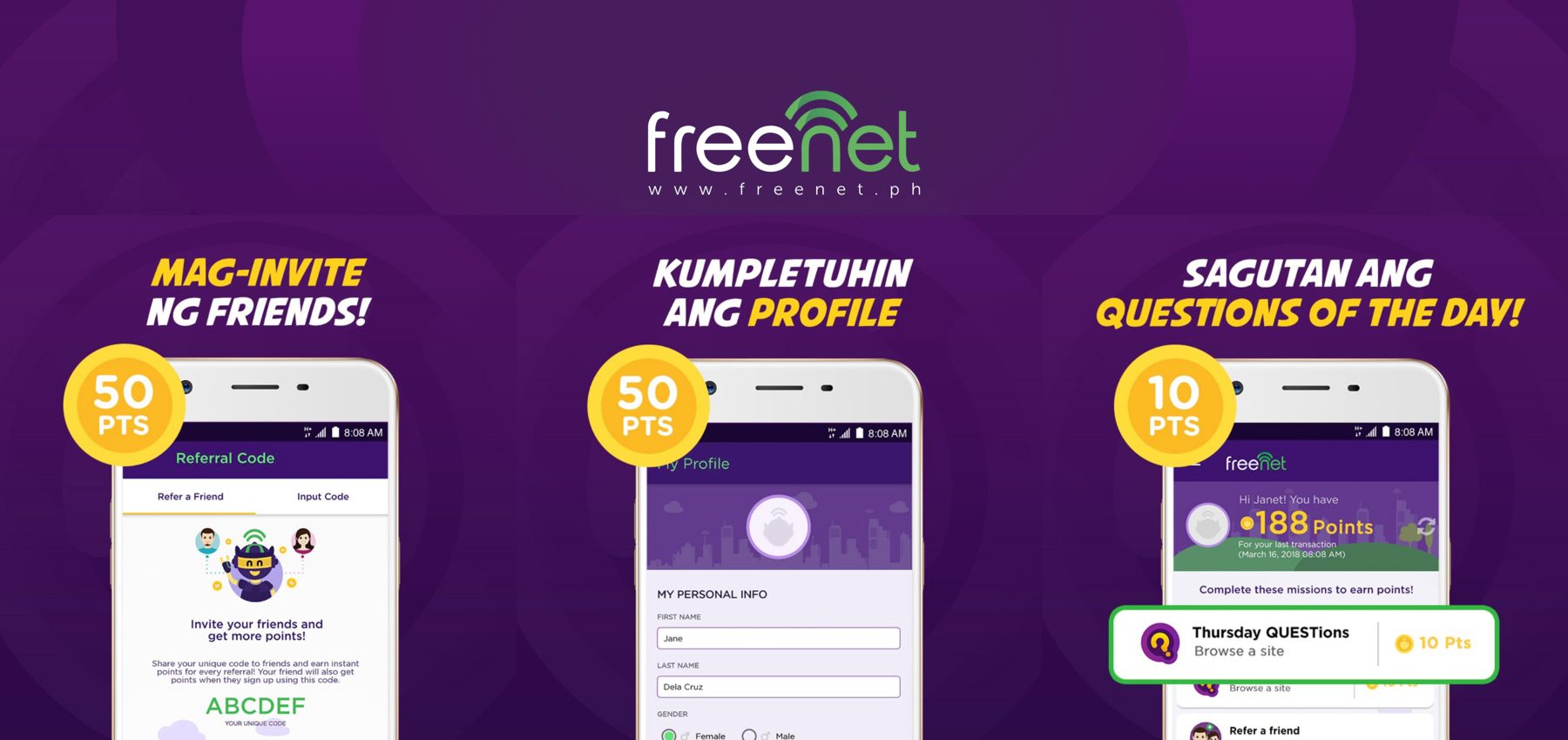 Three freenet app screens on a purple background