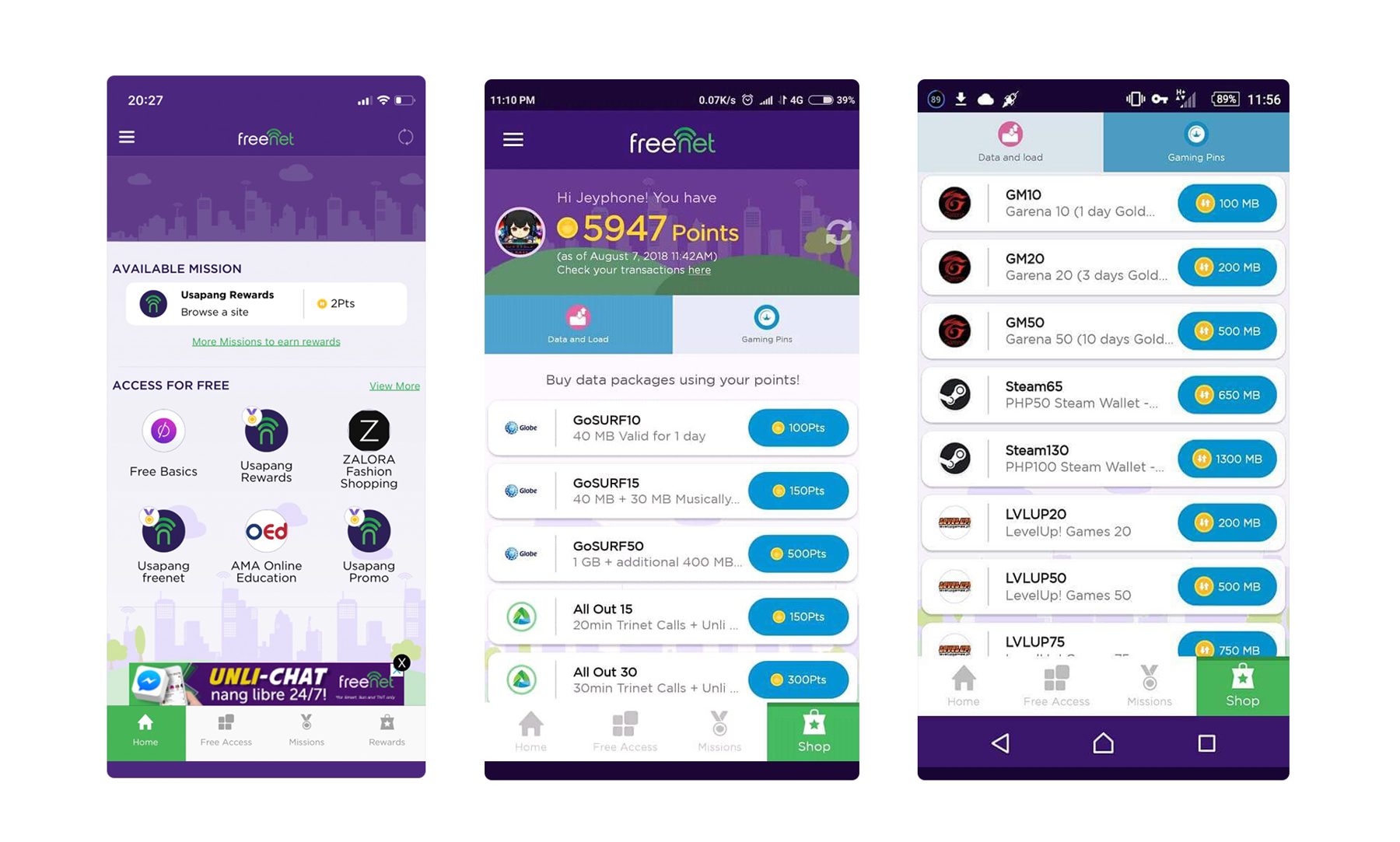 Redesigned freenet app screens showing points, missions and partner apps
