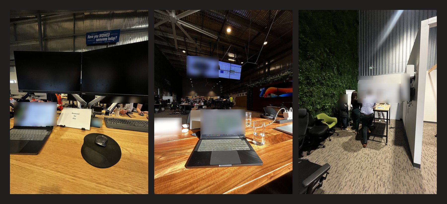 Three photos: a desk reserved for Clarizza among the teams, a laptop open to research notes under the office dashboards, and a working session at a whiteboard