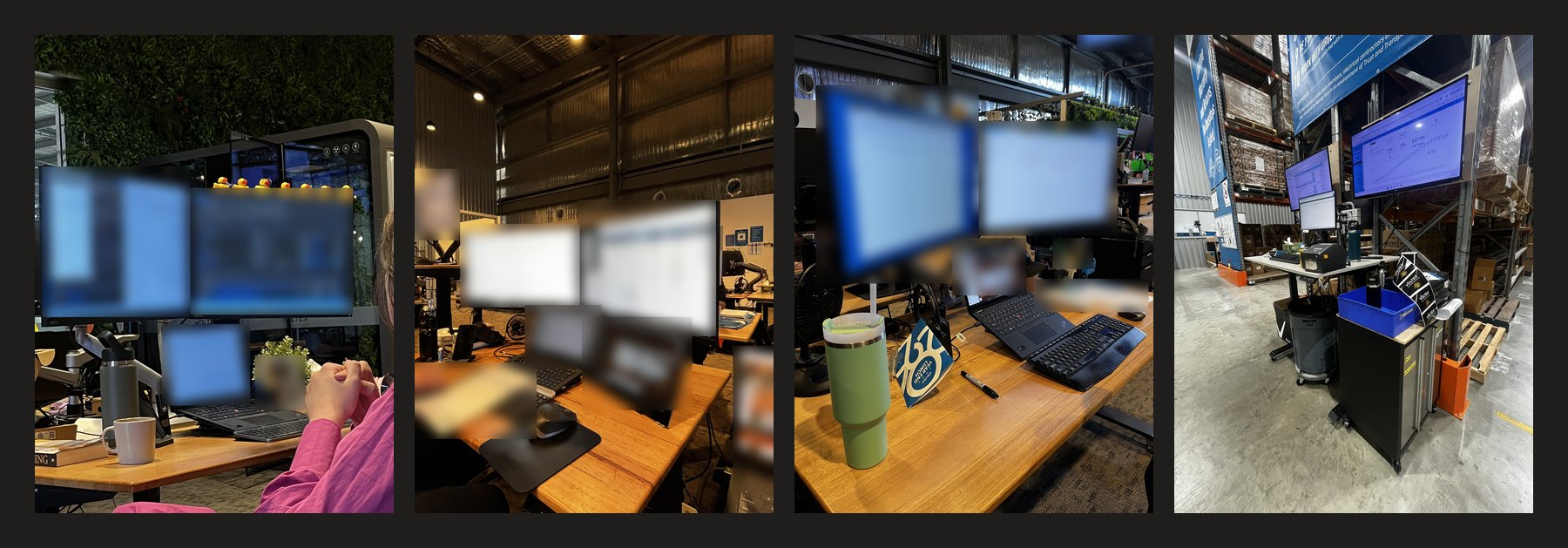 Four workspaces: a customer support desk with two monitors and a laptop, a desk with three screens and a tablet, a desk with the ERP and a calendar open, and a warehouse station with dashboards and a label printer. Screens are blurred for privacy