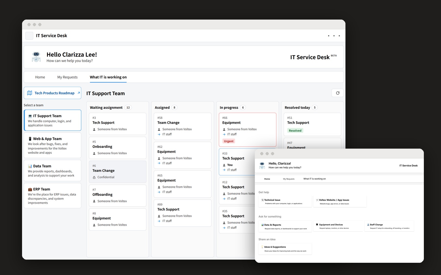 IT Service Desk in Teams: the What IT is working on board showing requests by team and status, with the redesigned home screen in front
