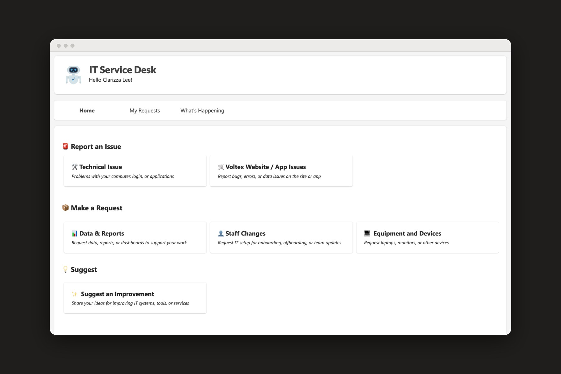 Service Desk home before testing, with emoji section headers and italic card descriptions