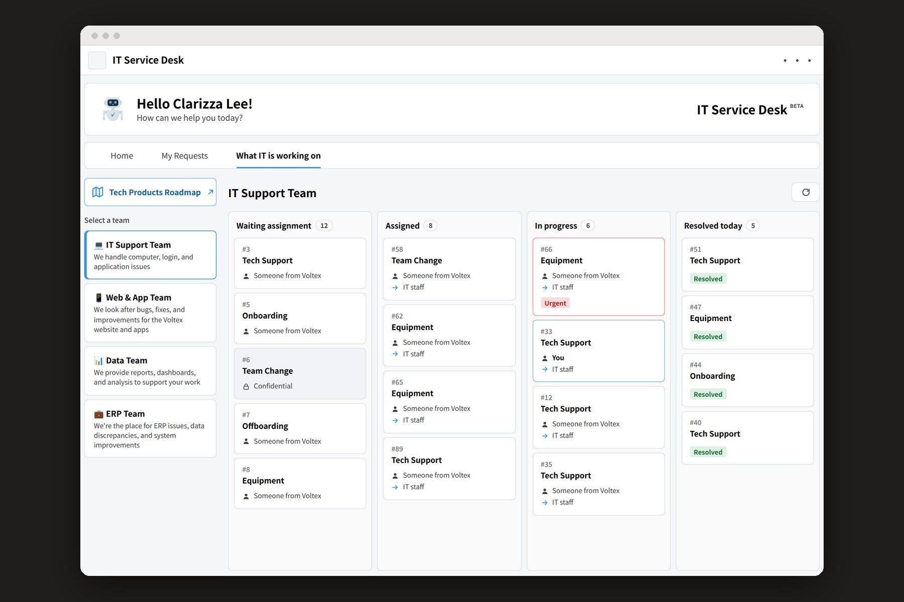 What IT is working on after testing: a board of requests by team and status, with urgent, your own and resolved requests clearly marked