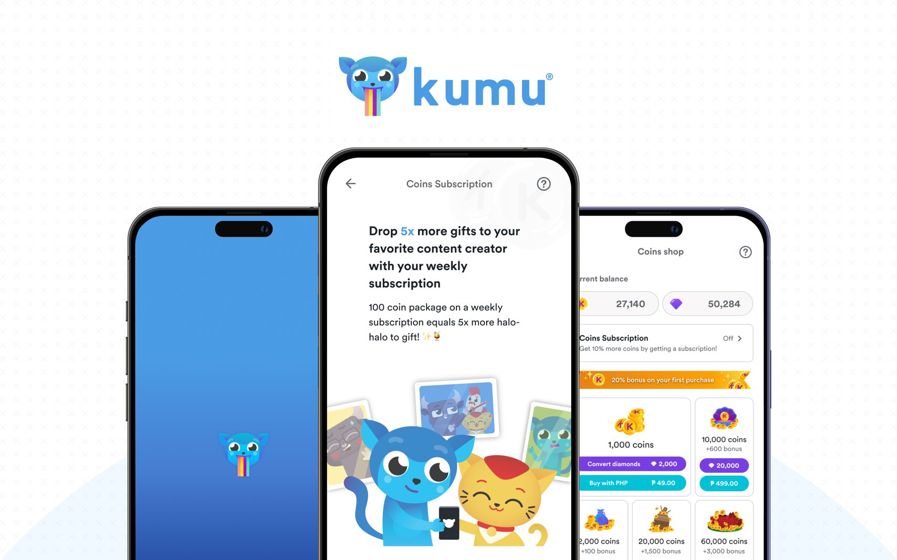 Kumu app screens for the coins subscription, beside the Kumu mascot