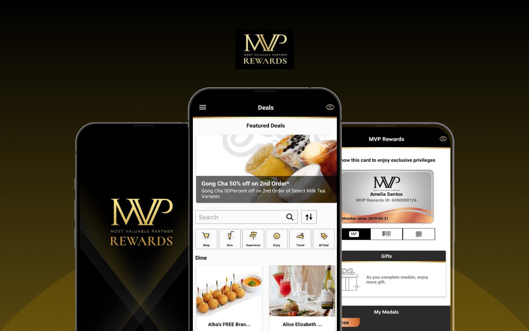 MVP Rewards app screens on a dark background with gold accents