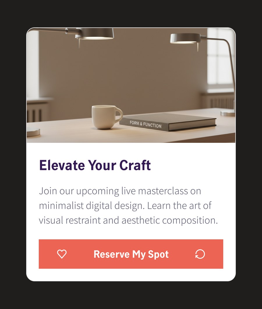 Run one: a polished promotional card titled Elevate Your Craft, with a photograph, violet heading and a coral button containing heart and reload icons